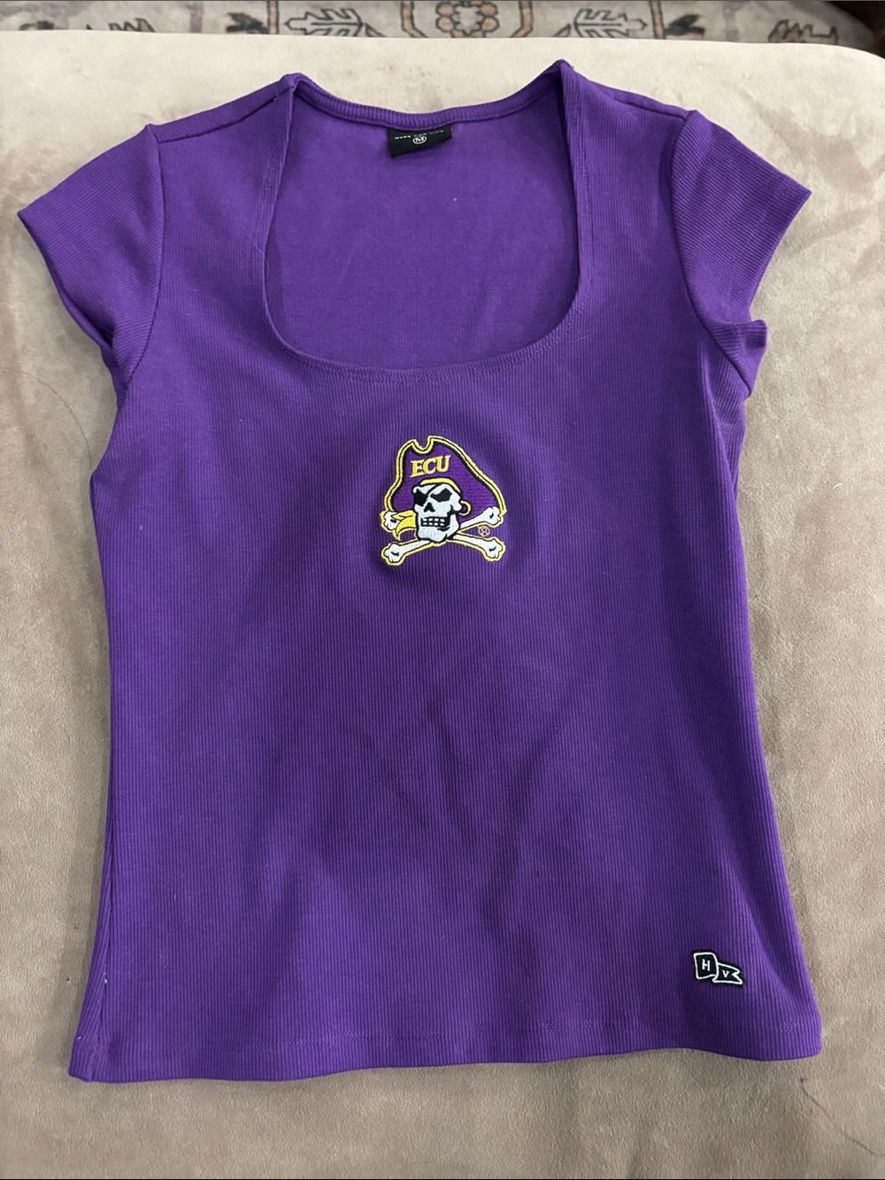 ECU Purple Scoop Neck Women's Tee with Embroidered Pirate Logo